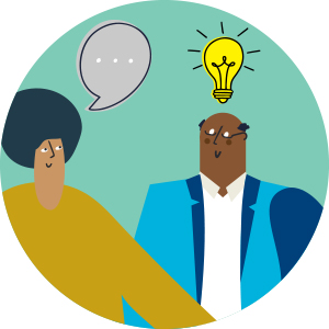 An image of one individual talking and another with a light bulb above their head signalling an idea