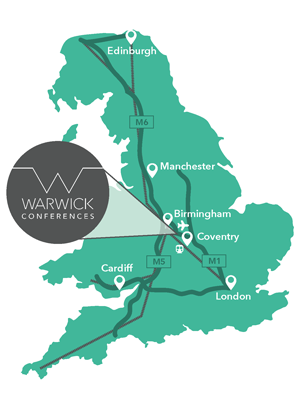 Doodle map showing the location of Warwick Conferences, an exclusive use conference venue hire centre in Coventry.