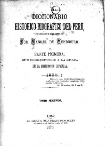 Cover of Manuel de Mendiburu, Diccionario Historico