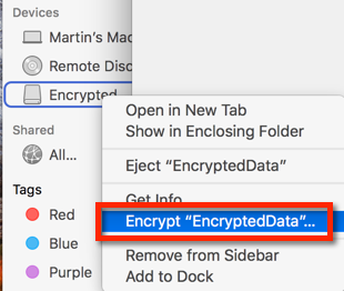 Locate the device in Finder. Control Click and select Encrypt