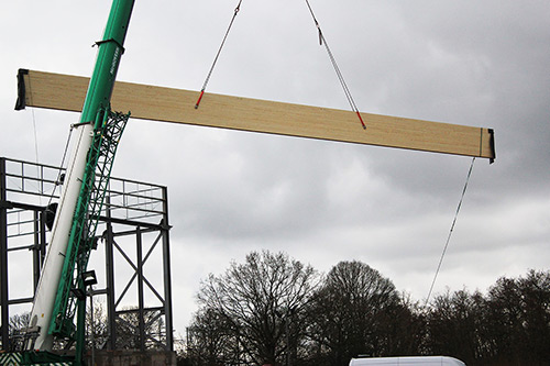 Photo of crane holding European Spruce beam in front of Sport and Wellness Hub site