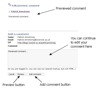 The Edit/preview comment screen