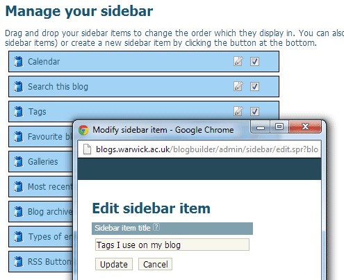Edit sidebar item screen with new title "Tags I use on my blog"