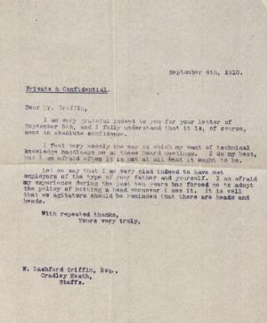 Copy letter from Mary Macarthur to W. Lashford Griffin esq., 6 September 1910