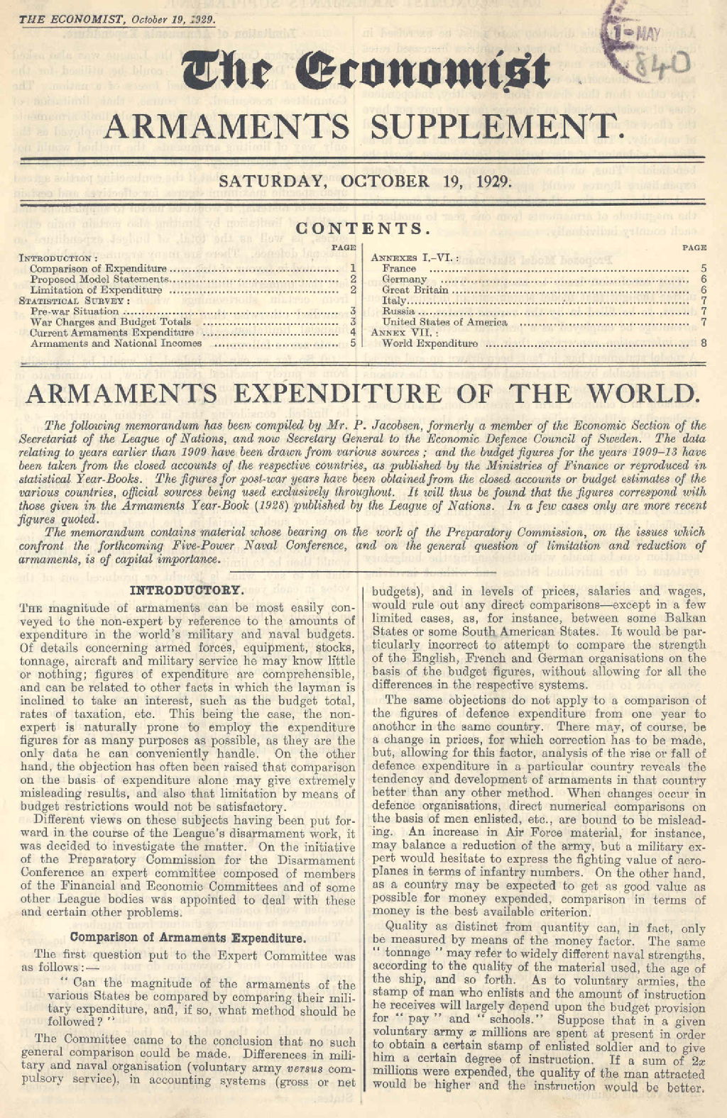 'Armaments expenditure of the world', 19 October 1929