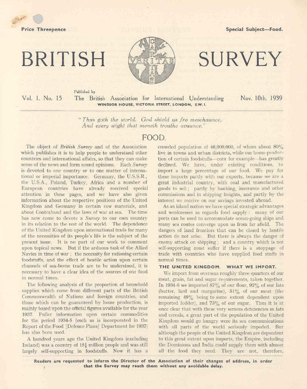 'British Survey', vol.1, no.15: Food, 10 November 1939