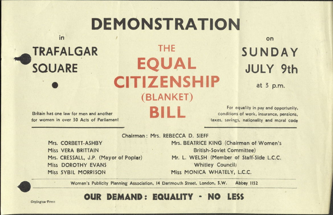Leaflet advertising demonstration in support of Equal Citizenship Bill