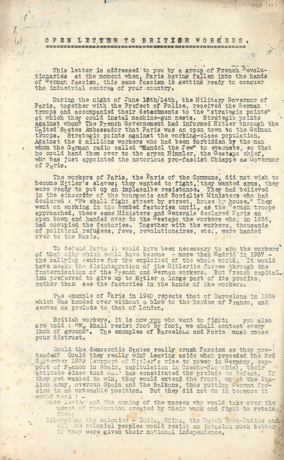 'Open letter to British workers', 17 June 1940