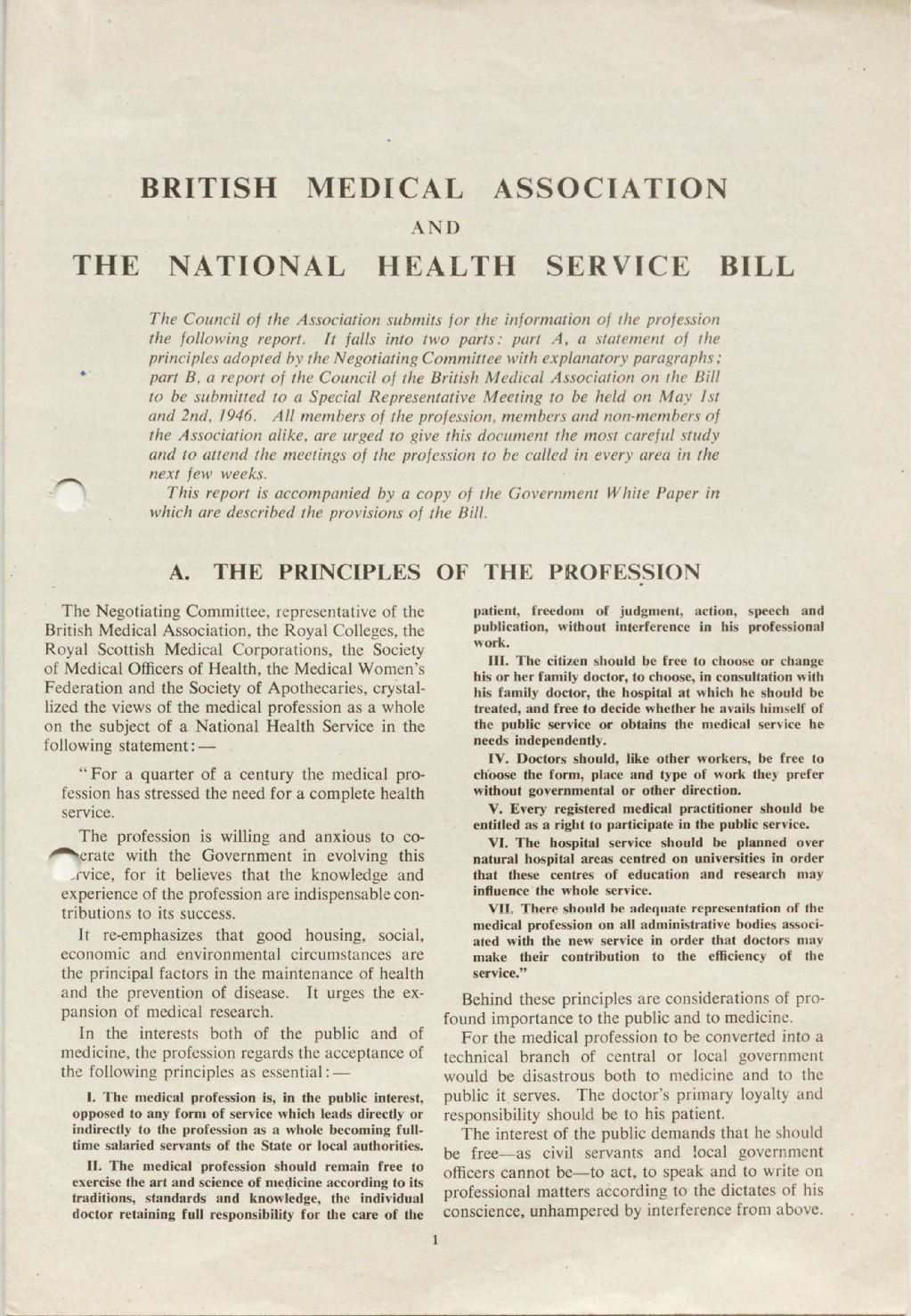British Medical Association and the National Health Service Bill, 1946