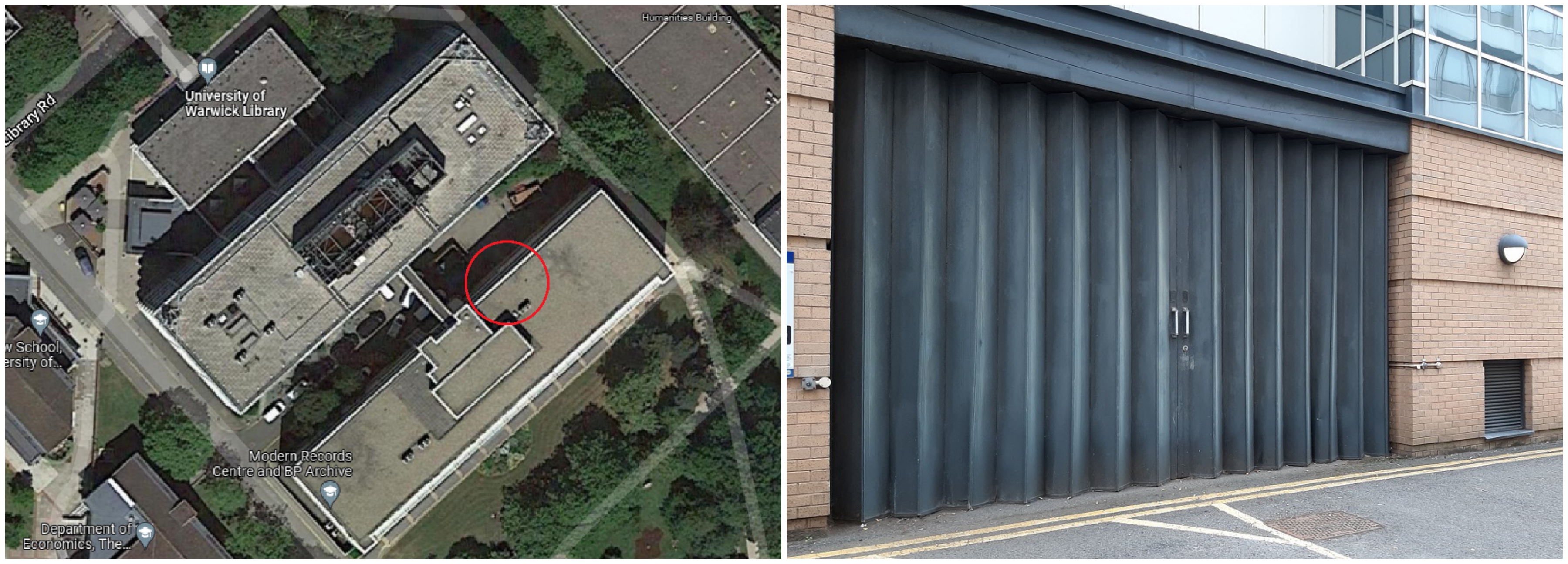Two images: (1) Google Earth view of the University Library and Modern Records Centre, with the loading bay doors marked with a red circle; (2) photograph of the back of the MRC, showing the loading bay doors