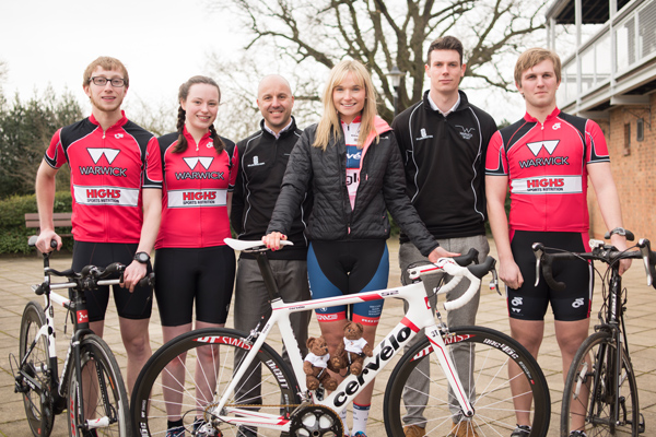 Warwick cyclists Josh Lahiri, Isobel Taylor and Richard Henshaw with professional cyclist, Ciara Horne, and Warwick Sport Staff